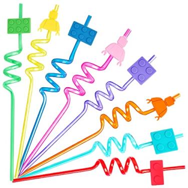 Imagem de 24 peças de blocos de montar lembrancinhas de festa, canudos reutilizáveis de 8 cores para crianças, adultos, decoração de festa de aniversário, suprimentos com 2 canudos de limpeza
