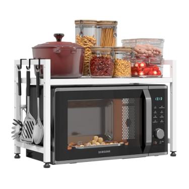 Imagem de YOWAA Suporte extensível para forno de micro-ondas, prateleira de torradeira ajustável para micro-ondas, rack resistente, organizador de bancada de cozinha de 2 níveis com 7 ganchos para cozinha
