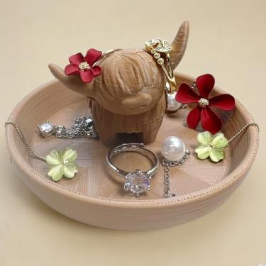 Imagem de Awsaccy Highland Suporte de anel de vaca com prato circular impresso em 3D de plástico fofo exclusivo para mulheres presentes organizador de pratos de joias para banheiro, escritório, casa, sala, mesa