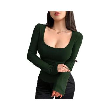 Imagem de Camiseta Feminina De Manga Longa Cropped Com Decote Quadrado Ajustada 