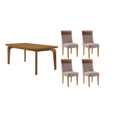 Imagem de Sala Jantar Mesa Londrina Tampo Curvo 120cm+4 Cadeiras Jaspe Madeira Naturale - Capuccino/Linho Capuccino - Rufato