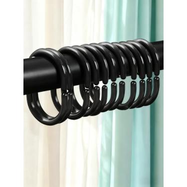 Imagem de 12 ganchos de chuveiro de plástico preto, anéis de cortina em forma de C para varões de banheiro, ganchos de cortina de janela de encaixe fácil, acessórios de chuveiro deslizantes suaves