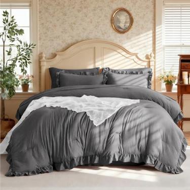 Imagem de MR&HM Conjunto de edredom Queen, 7 peças, cinza escuro, babados, boêmio, casa de fazenda, chique, cama em uma bolsa com edredom, lençol de cima, lençol de cima, fronhas e fronhas