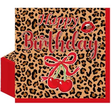 Imagem de Aposwow Decorações de aniversário de chita e cereja - 50 peças de guardanapos de cereja com estampa de chita com feliz aniversário, noite das meninas, celebrações femininas, decorações de papel com