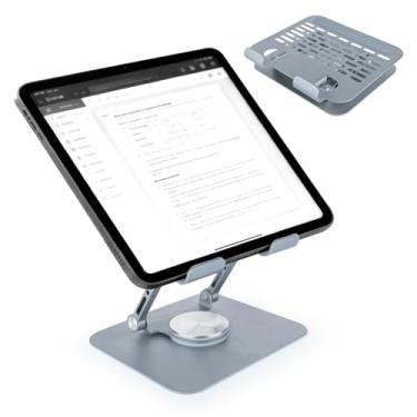 Imagem de LELE LIFE Suporte ajustável para tablet com base giratória de 360°, suporte de tablet de haste dupla de liga para mesa, suporte de monitor portátil dobrável, para laptop de 4 a 13 polegadas de largura