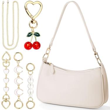 Imagem de Abbylike Bolsa de ombro feminina com 3 extensores de corrente com pingente de cereja pequena bolsa de mão de mão kit de berloque de presente de Natal, Pérola branca, Feminino
