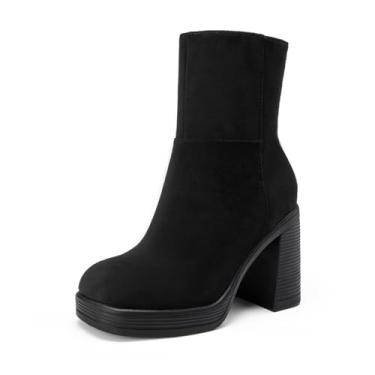 Imagem de Athlefit Botas femininas plataforma cano curto salto bloco grosso bico quadrado moda vestido botas de salto alto, Camurça preta, 40