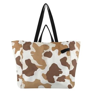Imagem de SEHANY Sacolas de compras reutilizáveis com estampa de vaca marrom e branca com alças reforçadas, bolsa de compras de lona dobrável à prova d'água de grande capacidade para viagem, cozinha, praia