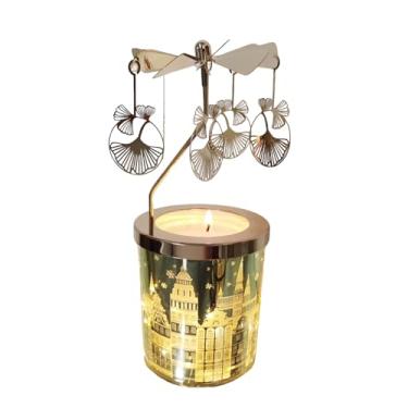 Imagem de Velas perfumadas de lavanda com carrossel, suporte de vela rotativo, presentes para mãe, esposa, aniversário, dia dos namorados, presente de aniversário exclusivo para irmã namorada (folhas douradas