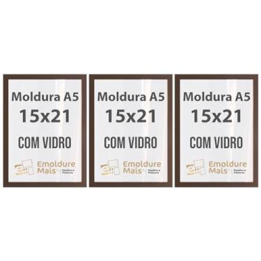 Imagem de Kit 3 Porta Retrato 15x21 Moldura de Madeira com Vidro Tamanho folha A5 Preto Branco Dourado Prata Tabaco para Fotos e Quadros decorativos (Tabaco, apoio de parede)