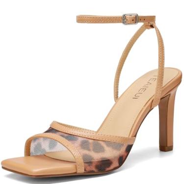 Imagem de TEAIEUI Sandálias de salto alto femininas com strass 7,5 cm | Bico quadrado aberto, conforto, tira no tornozelo, para formatura, sapatos sociais, festa, casamento, uso diário, Leopardo, 41
