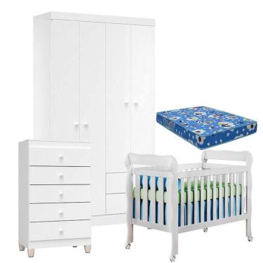 Imagem de Quarto De Bebê 4 Portas Com Gaveteiro Ternura Baby E Berço Branco Brilho Com Colchão
