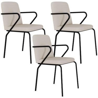 Imagem de Kit 03 Cadeiras Estofada Para Sala De Jantar Com Braço Loft Preto C01 Linho Areia - Lyam Decor