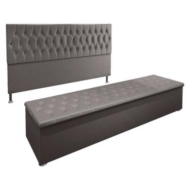 Imagem de Kit Cabeceira e Calçadeira Baú King 1,95m Suede Cinza
