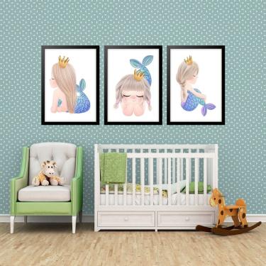 Imagem de Kit 3 Quadros Grandes Quarto Infantil Sereinha 60x48cm