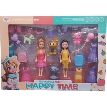 Imagem de Conjunto Happy Time com 2 Bonecas 16CM, 6 Vestidos, Mochila, 14 Acessórios e 2 Robôs Fu...