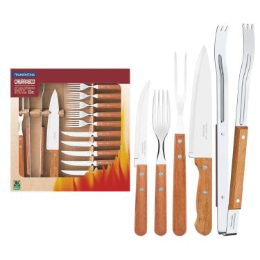 Imagem de Kit para Churrasco Tramontina em Aço Inox com Cabo de Madeira Natural 15 Peças Tramontina