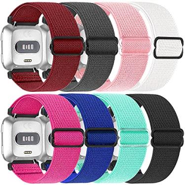 Imagem de Pacote com 8 pulseiras elásticas compatíveis com Fitbit Versa 2/Fitbit Versa para mulheres e homens, pulseiras de substituição de tecido de nylon elástico ajustável com alça solo, pulseiras de substituição