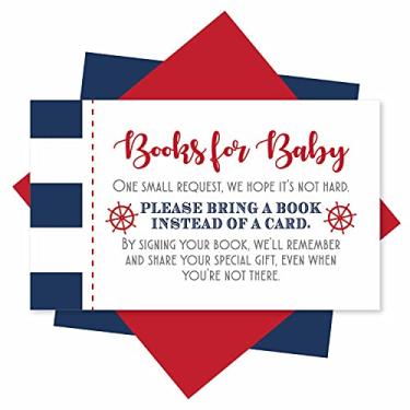 Imagem de 25 Ahoy It's A Boy Books for Baby Request cartão de inserção para convites de chá de bebê ou convites, Nautical Navy Cute Bring A Book Em vez de um tema de cartão para jogos de história de festa de gênero, cartão de visita
