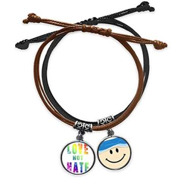 Imagem de DIYthinker Pulseira LGBT com bandeira de lésbica gay arco-íris com corrente de mão e pulseira de couro com rosto sorridente