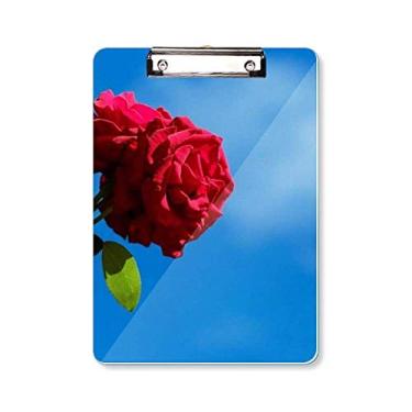 Imagem de Bloco de notas azul céu rosas vermelhas folhas verdes prancheta pasta, bloco de notas A4
