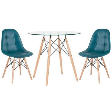 Imagem de Mesa jantar cozinha redonda com tampo de vidro Eames 80 cm + 2 cadeiras Eiffel Botonê