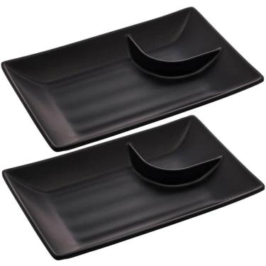 Imagem de Kit 2 Pratos para Sushi com Molheira Melamina Pretos 19x12,5cm Lyor Tóquio Retangulares