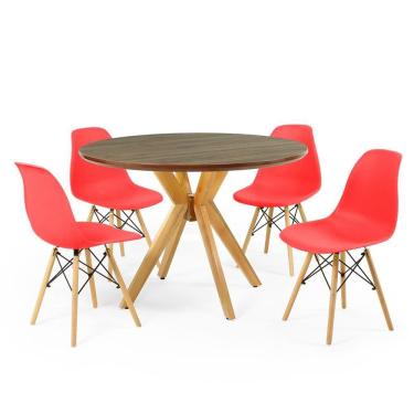 Imagem de Conjunto Mesa de Jantar Redonda Marci Premium Natural 100cm com 4 Cadeiras Eames Eiffel - Vermelho
