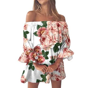 Imagem de Vestidos de verão para mulheres vintage estampa floral praia sexy ombro de fora túnica vestido de verão casual para mulheres, rosa, P