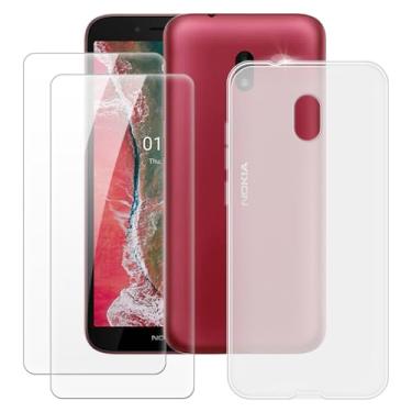 Imagem de MILEGOO Capa para Nokia C1 Plus + 2 peças protetoras de tela de vidro temperado, capa de TPU de silicone macio à prova de choque para Nokia C1 Plus (5,4 polegadas), branca