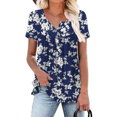 Imagem de syoss Camisetas femininas de verão manga curta com babados e bainha Henley com botões túnica tops casuais camisetas de primavera, Flores brancas, XG