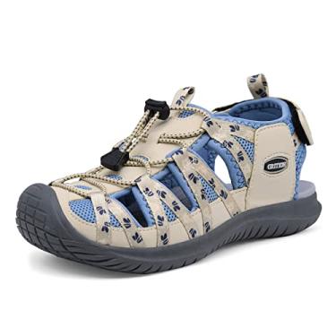 Imagem de GRITION Sandálias femininas de caminhada com bico fechado, sandálias esportivas confortáveis, sandálias de caminhada ao ar livre leves, sandálias de água de verão antiderrapantes, Bege, azul, 5.5