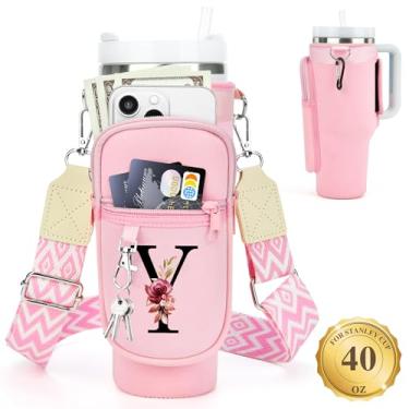 Imagem de LOKASS Suporte de garrafa de água com alça para copo Stanley Copo de 1,134 g com alça, inicial personalizada, bolsa de transporte de garrafa de água com bolso para telefone para acessórios de copo