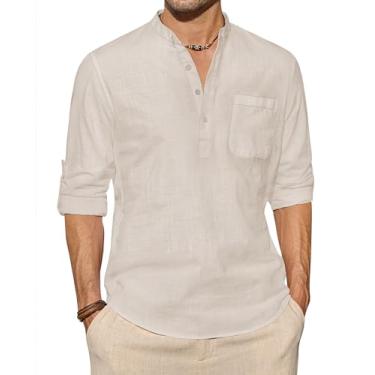 Imagem de J.VER Camisa masculina de linho de manga comprida de algodão casual camiseta de praia Henley gola de banda tops de férias com bolso, Bege amarelo, XXG