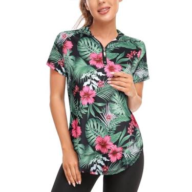 Imagem de Koscacy Camisa polo feminina de golfe de manga curta UPF50+ meio zíper dry fit para treino, Estampa tropical., GG