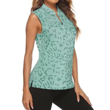 Imagem de Camisetas femininas de golfe Misyula com zíper 1/4, proteção solar, secagem rápida, tênis, corrida atlética, A0-leopardo verde, G