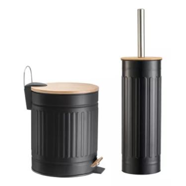 Imagem de Lixeira 3 Litros Pedal + Escova P/Lavabo Banheiro Bambu (Preto)
