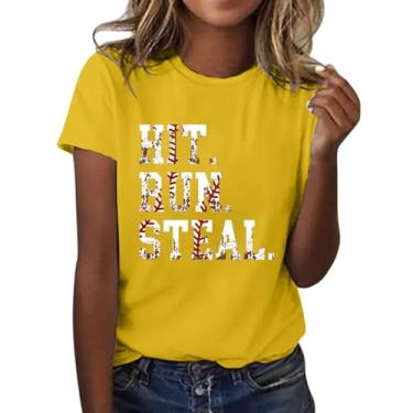 Imagem de Camiseta feminina de verão com estampa de beisebol, gola redonda, manga curta, caimento solto, casual, túnica, Amarelo - B, P