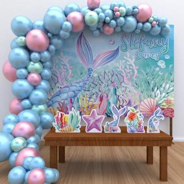 Imagem de Kit Decoração Personalizado Festa de Aniversário Infantil Cauda Sereia Aquarela Fundo do Mar P-CSAQ01
