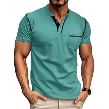 Imagem de Camiseta masculina fashion Henley clássica manga curta/longa leve botão algodão camiseta casual, Skygreen, XXG