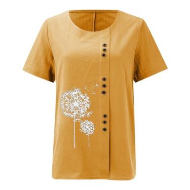 Imagem de Camisetas femininas de algodão e linho, botões, manga curta, para escritório, gola redonda, casual, camisetas de praia folgadas, Ouro rosa, 4G