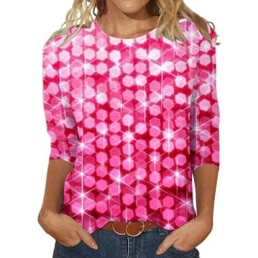 Imagem de Camisetas femininas de manga 3/4 casual, solta, brilhante, gola redonda, básica, leve, blusa de roupas de verão 2024, Branco, 5G