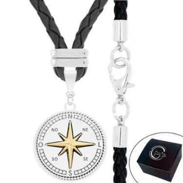 Imagem de Colar Cordão Trançado Rosa dos Ventos Bússola com Fechamento Mosquete em Aço Inoxidável - NE-Unissex