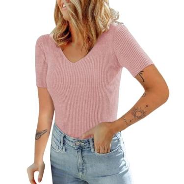 Imagem de Nagub Top feminino de verão de malha canelada manga curta básico decote V espartilho slim fit camiseta Y2k roupas para sair, rosa, G