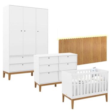 Imagem de Quarto de Bebê Unique 3 Portas com Cômoda 6 Gavetas e Painel Farm com Led Branco Soft Eco Wood - Matic