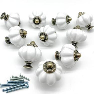Imagem de YOUYOUULU Puxadores de cerâmica de abóbora - Alças de porcelana de abóbora branca, 10 puxadores redondos de armário, puxadores de gaveta de cerâmica branca