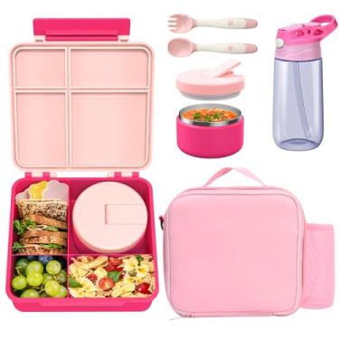 Imagem de Lancheira infantil Bento com 4 compartimentos, lancheira isolada, garrafa de água, pote de comida de aço inoxidável, presentes de aniversário para crianças de 3 a 12 anos, meninas e meninos