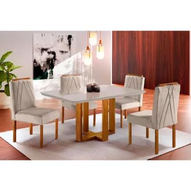 Imagem de Mesa de Jantar Lisy Tampo MDF e Vidro Off 120X80 com 4 Cadeiras de Madeira Maciça Safira Bege