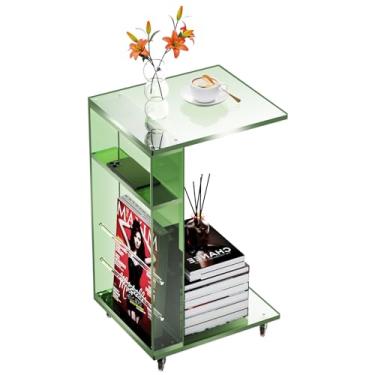 Imagem de Mesa lateral de acrílico transparente com rodas bloqueáveis, mesa de canto em forma de C para sofá, pequenas mesas de centro para espaços pequenos (verde)