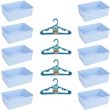 Imagem de Kit 10 Cestos Multiuso Decorativo e 20 Cabides Infantis Azul - 123 Org